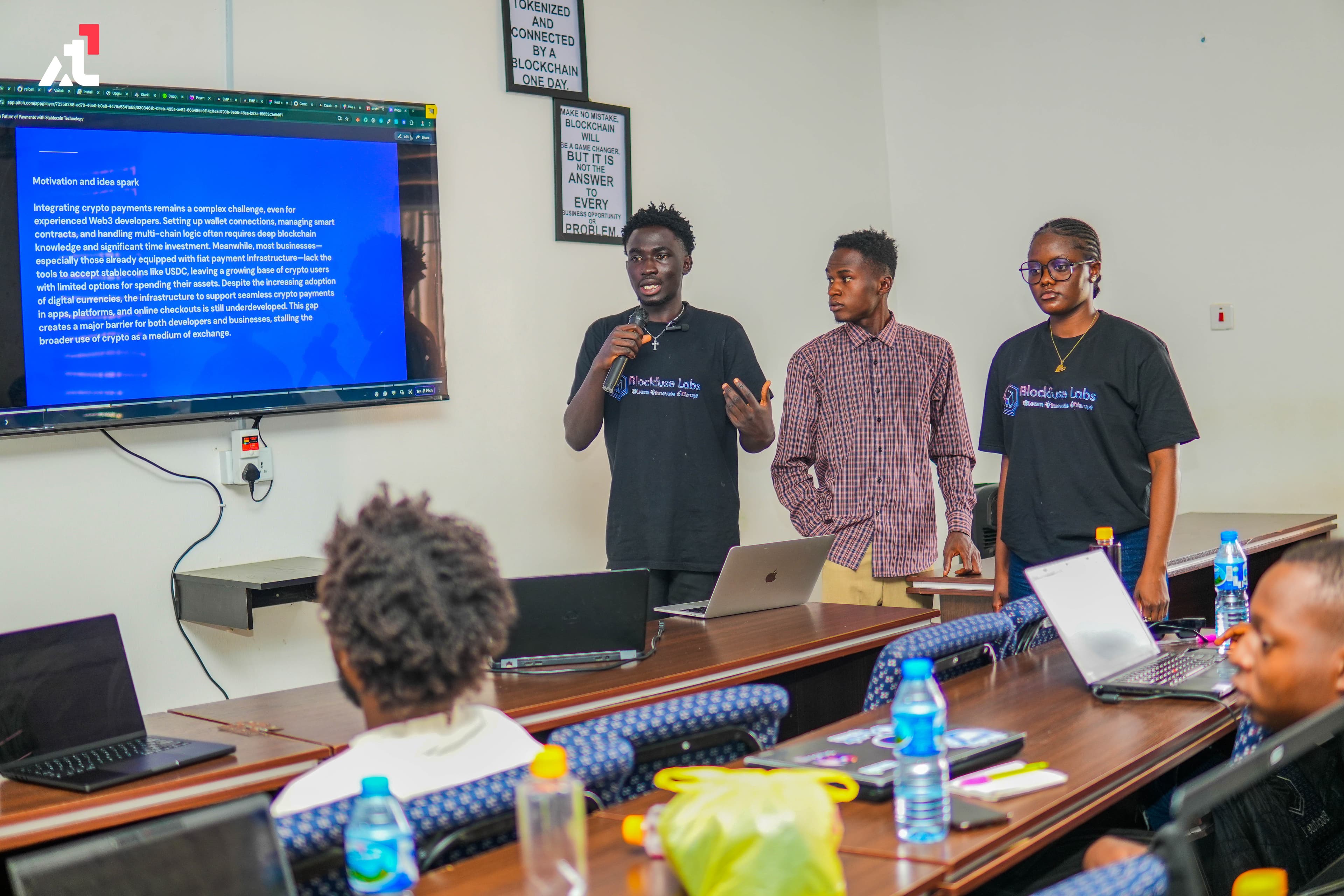 A team presenting a Web3 project at a Blockfuse Labs event
